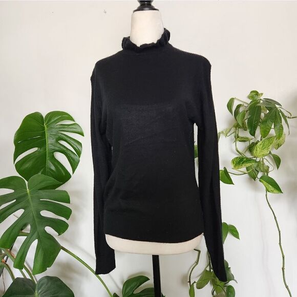 Soft Black Vintage Knit Ruffle Turleneck Long Sleeved Sweater Lightweight 90s - Picture 2 of 6